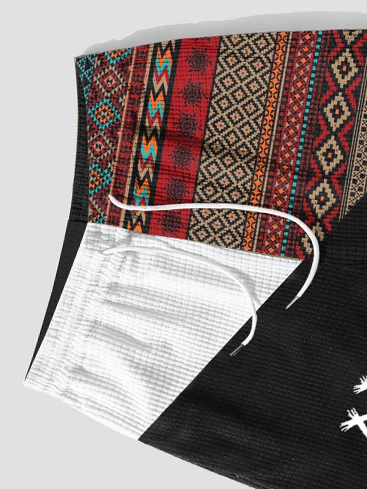 Mens Ethnic Geometric Funny Face Pattern Patchwork Corduroy Shorts