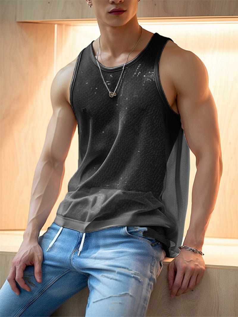 INCERUN Mens Fine Glittering Mesh Transparent Solid Color Tank Top
