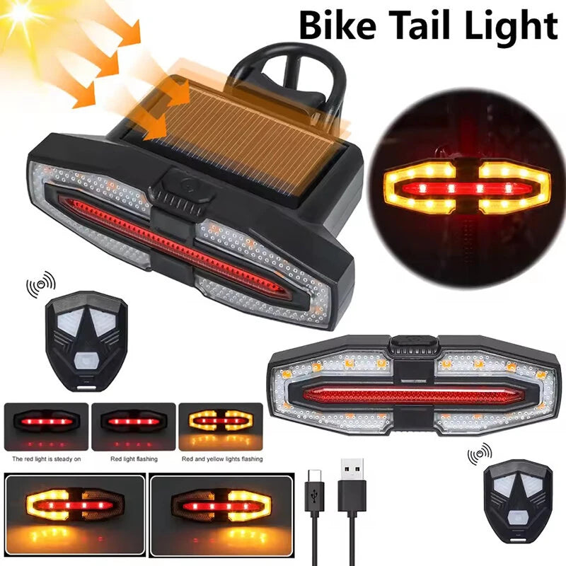 BIKIGHT Bicycle Solar Charging Wireless Remote Control Turn Signal Taillights USB Rechargeable Waterproof Bike Rear Light for Outdoor Night Riding Safety