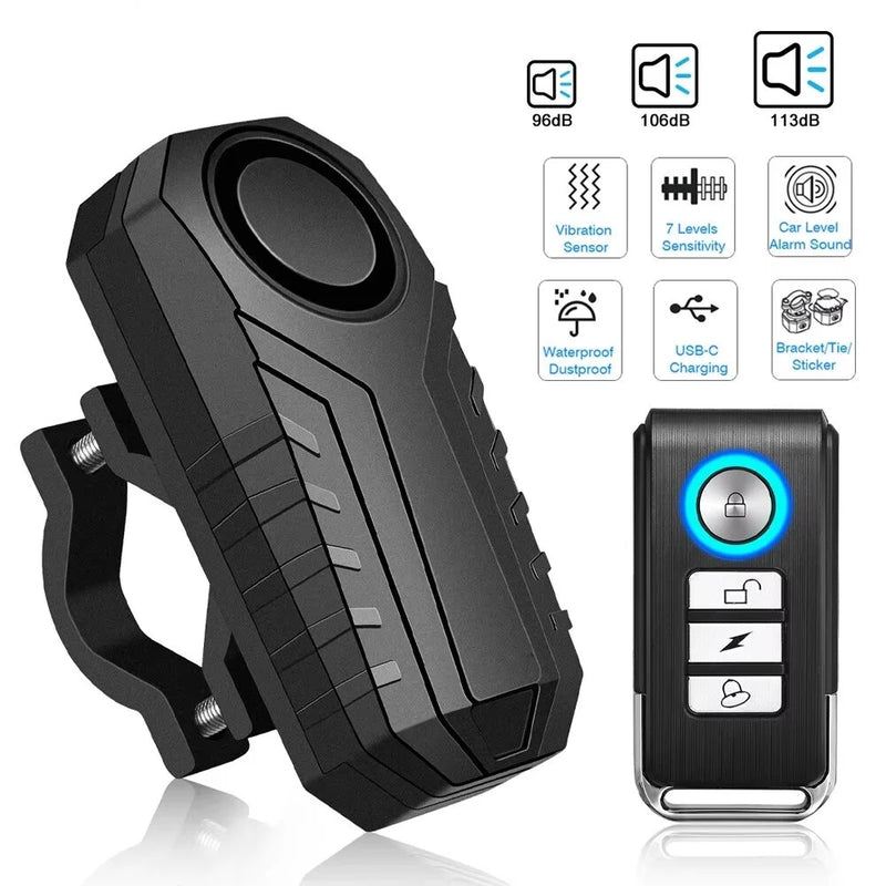 Bicycle Alarm 113dB Anti-Theft Wireless Vibration Remote Control Bike Motorbike Alarms Home Outdoor Security Protection