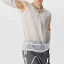 INCERUN Mens T-shirt Fashion Scooped Long Sleeves Tshirt Thin Mesh See Through Lace Up Design Tee Summer Cool Party Top Male