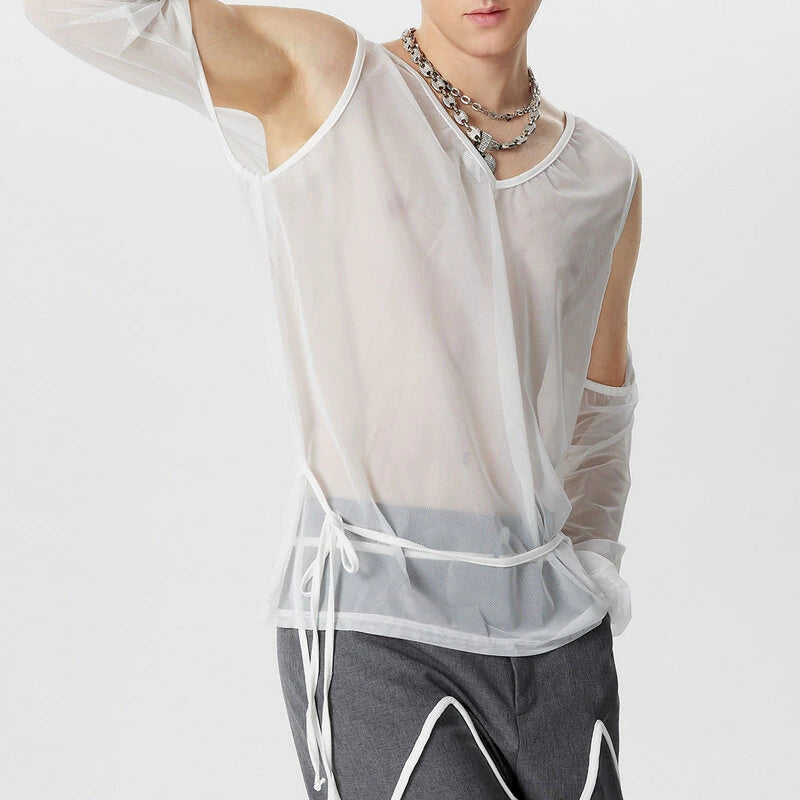 INCERUN Mens T-shirt Fashion Scooped Long Sleeves Tshirt Thin Mesh See Through Lace Up Design Tee Summer Cool Party Top Male