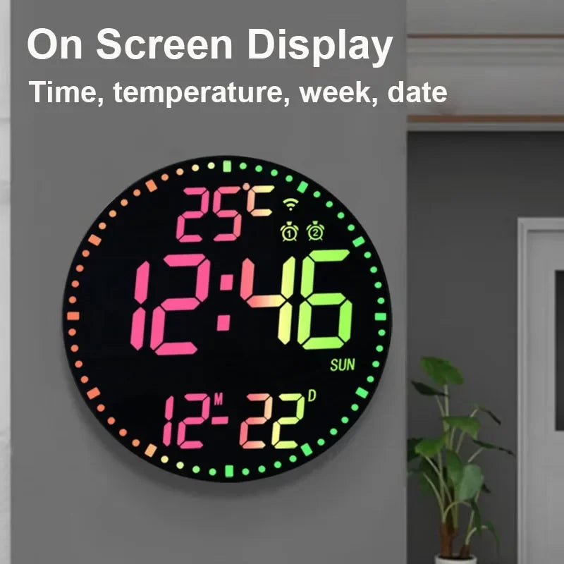 Tuya APP Smart Wifi Wall Clock RGB Calendar Clock Living Room Digital Wall Clock App Intelligent Control Colorful LED Wall Calendar Clock Date Temperature Display