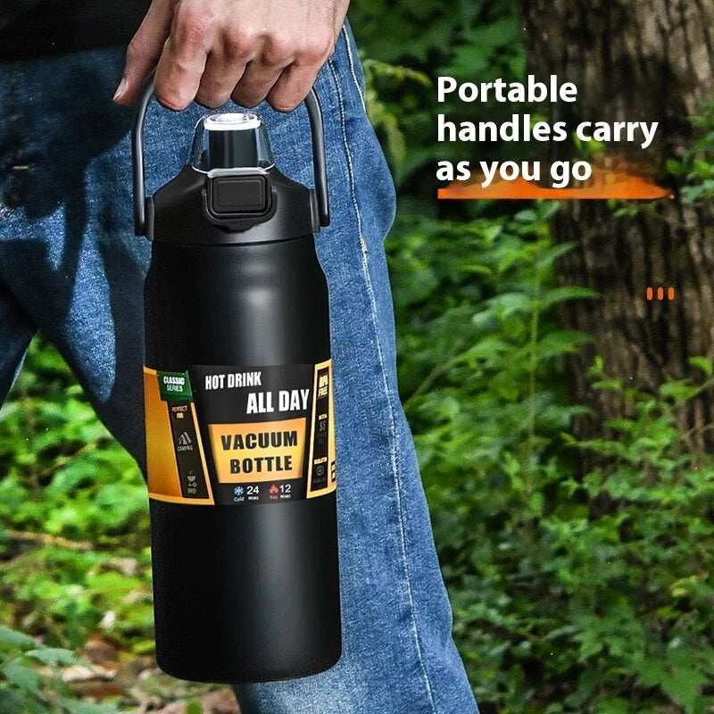 1000ml/33oz 304 Stainless Steel Portable Thermal Flask Water Bottle Cold Hot Thermos Insulated Water Bottle with Straw Use As Mobile Phone Holder