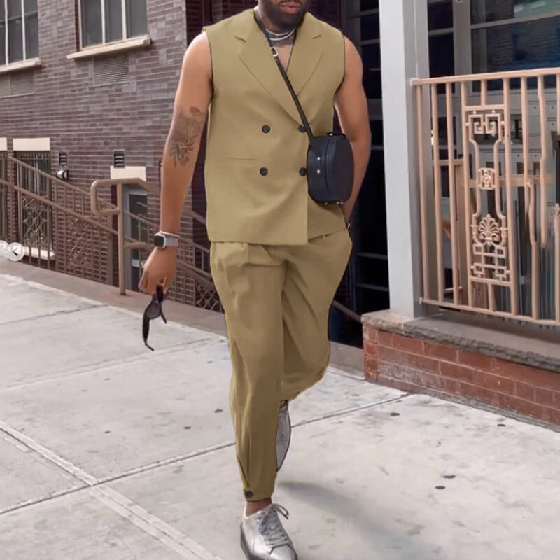 INCERUN Mens Two-piece Suits Trendy Sleeveless Double-breasted Suit Vest + Pants Casual Set Casual Sets Male Plus Size