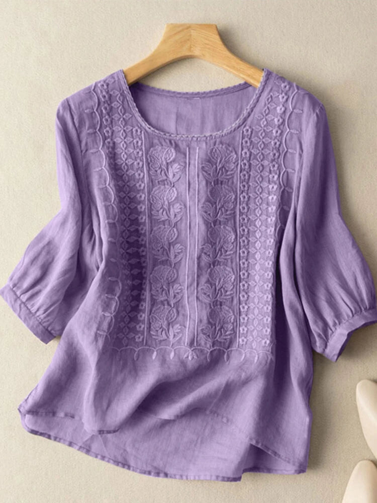 ZANZEA Women Daily Casual 3/4 Length Sleeve Blouses Solod Color Shirts