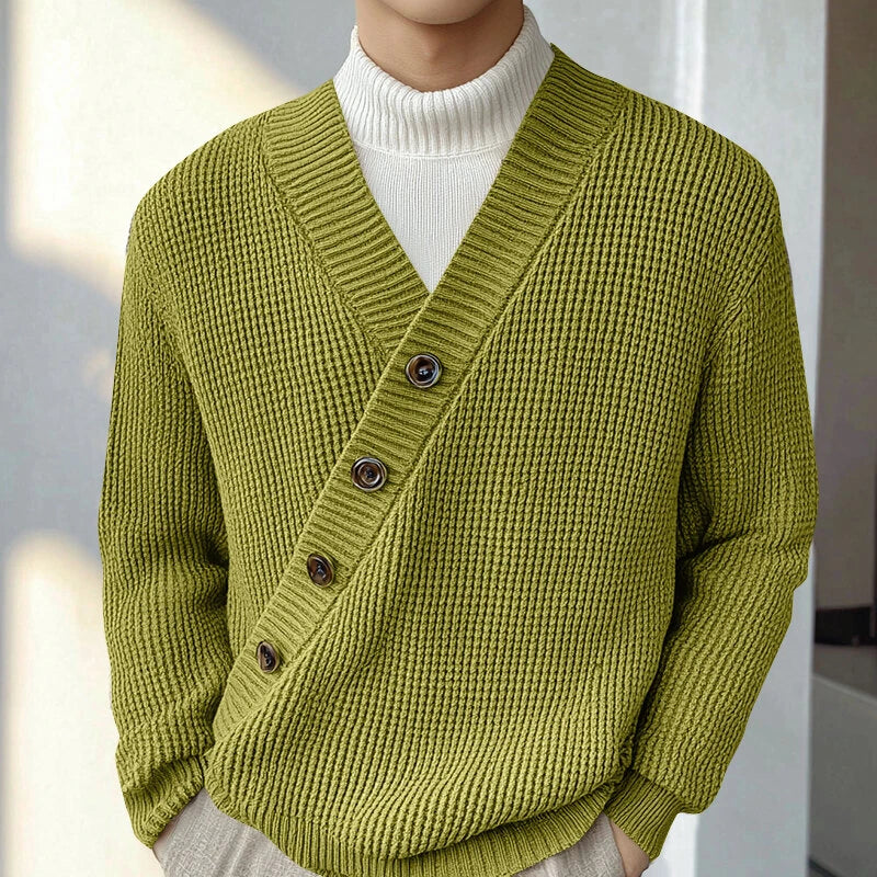 INCERUN Mens Textured Asymmetrical V-Neck Long-Sleeve Sweater Comfortable Solid Color Casual Fall Winter Top S-5XL