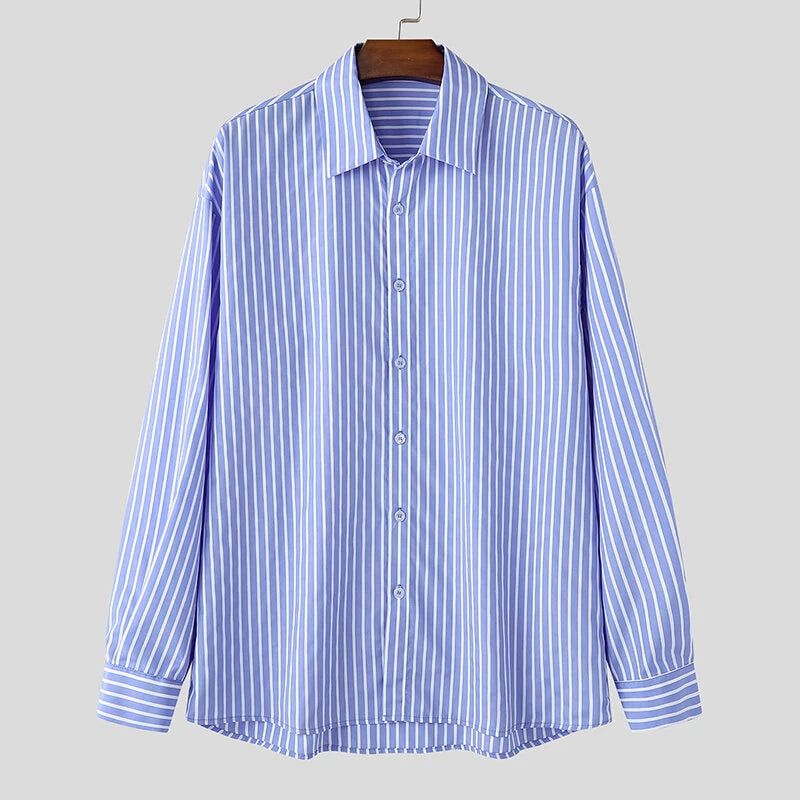 INCERUN Mens Fashion Striped Loose Two Pieces Outfit Comfortable Long Sleeve Shirt & Short Two-piece Suits