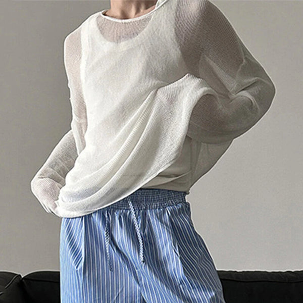 INCERUN Mens Relaxed Fit Hollow Knit Long Sleeve T-Shirt Soft Drape Fabric Slightly See-through Tshirt Top