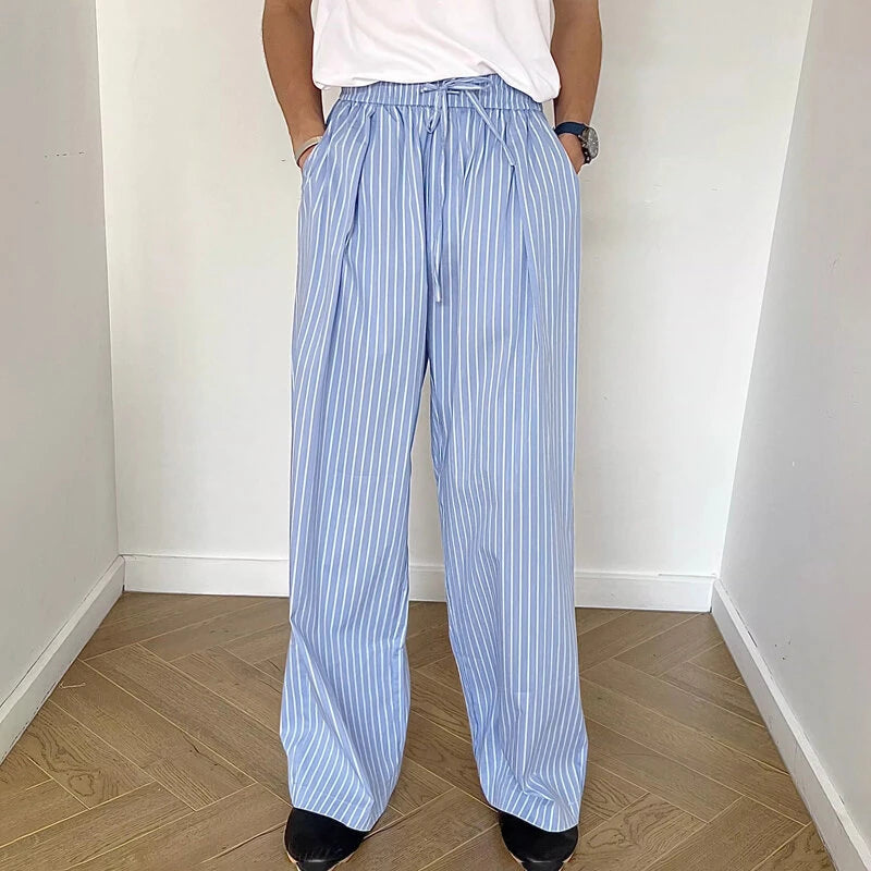 INCERUN Men Trendy Striped Drawstring Waist Casual Pants Daily Casual Home Elastic Waist Long Trousers for Men Large Size S-5XL