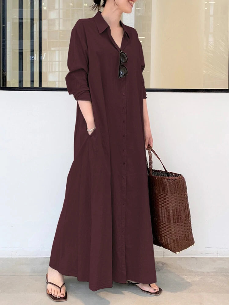 Women Retro Solid Color Turn-Down Collar Loose Casual Shirt Dress With Pocket