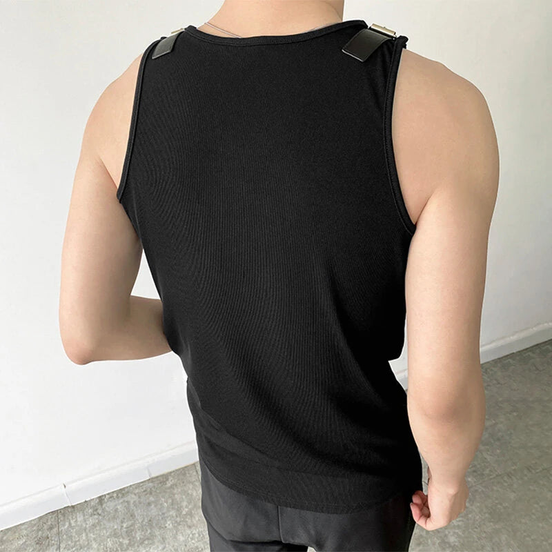 INCERUN Mens Tank Top Fashion Leather Shoulder Strap Design Solid Color Knitted Vest Summer Sleeveless Men's Undershirts
