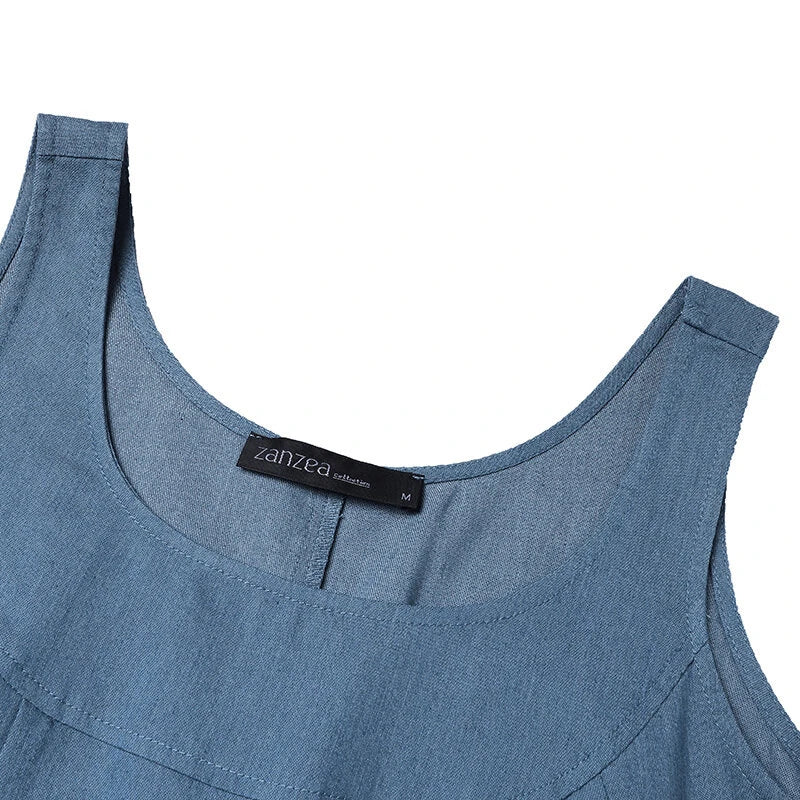 ZANZEA Women Fashion Denim Overalls Dress Summer Sleeveless Casual Loose Sundress Solid Color Maxi Dress With Pockets