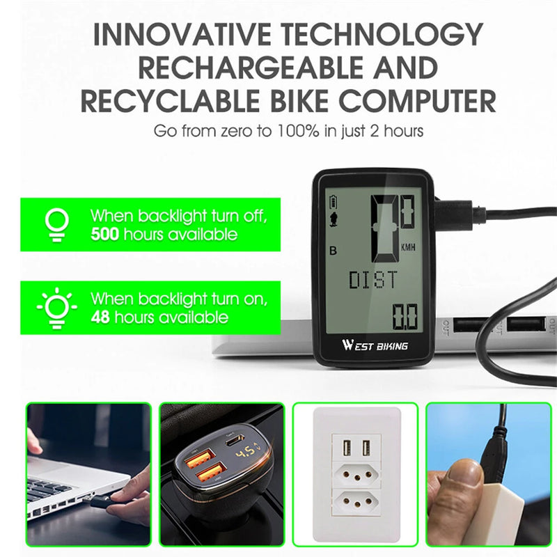 WEST BIKING 5 Languages Bike Computer 21 Functions Touch Screen USB Charging Waterproof Wireless Bicycle Speedometer Odometer for MTB Road Cycling