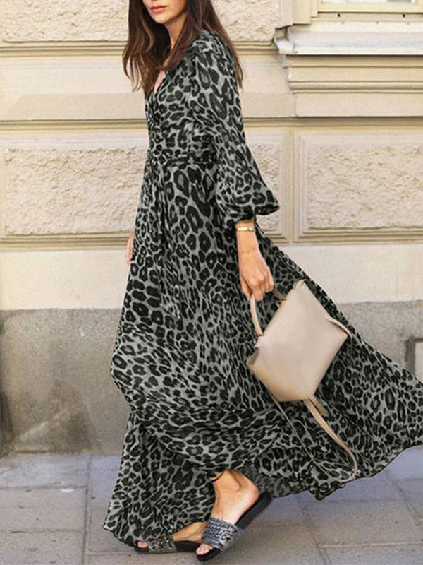 ZANZEA Women Plus Size Leopard Print Long Dress V-Neck Puff Sleeve Lace-Up Maxi Dress For Women