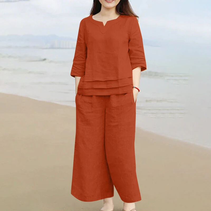 ZANZEA Plus Size Women Casual Solid Two-Piece Set, Notched Neck 3/4 Sleeve Layered Hem Top & Wide Leg Pants, Women's Plus Size Clothing