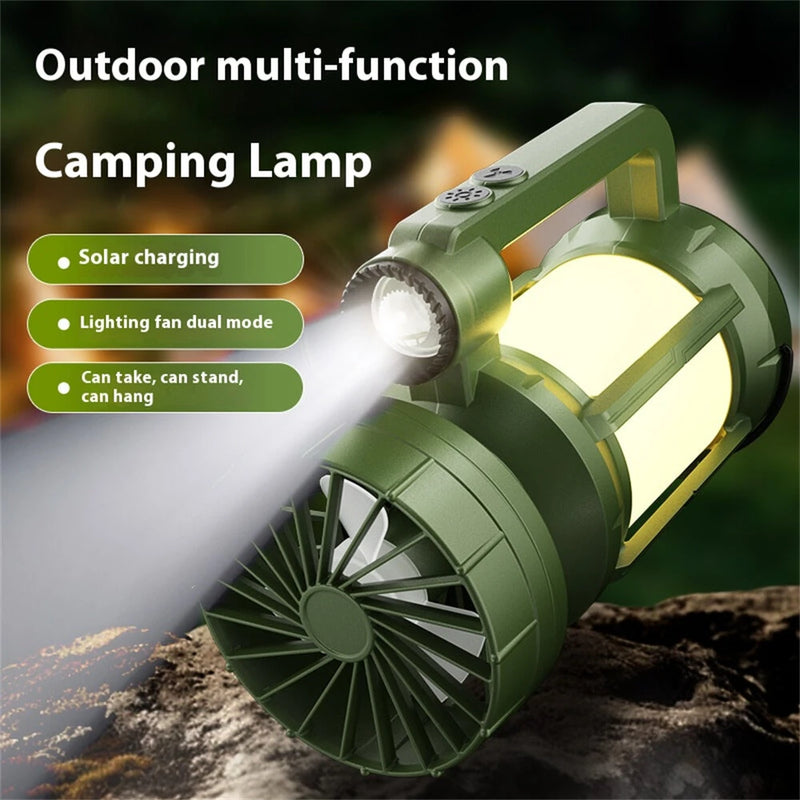 IPRee All-in One Portable Solar Powered Handheld Flashlight Mini Fan Camping Lantern Type-C Charging Built In Battery Travel Camping Tent Light LED Torch