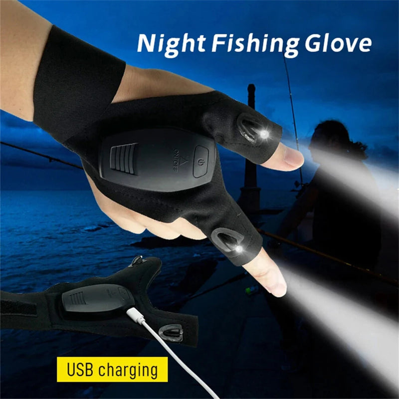 ZANLURE 1PCS/1Pair USB Charging Night Fishing Gloves for Outdoor Cycling Running Sports Flashlight Half Finger Gloves