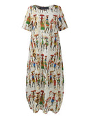 Women Ethnic Style Figure Print Round Neck Short Sleeve Loose Baggy Maxi Dresses