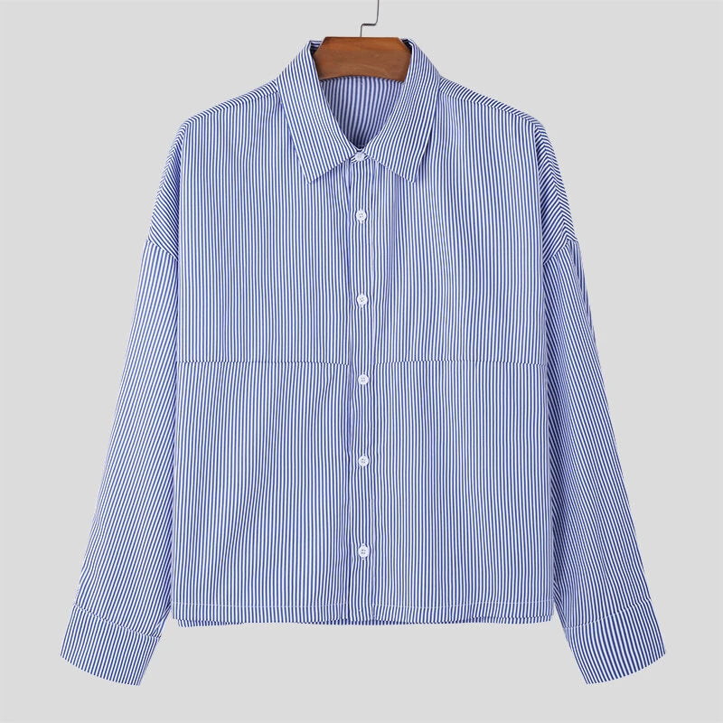 INCERUN Plus Size Men Classic Striped Shirts Long Sleeve Lapel Collar Casual Shirt for Men Daily Vacation Streetwear Male Top