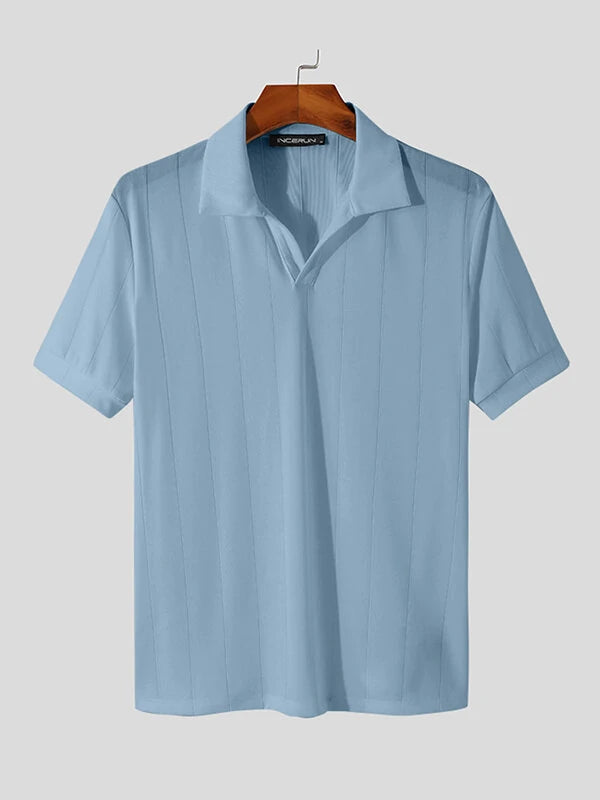INCERUN Mens Lapel Shirts Striped Slim Casual Basic Design Short Sleeve Summer T-Shirt