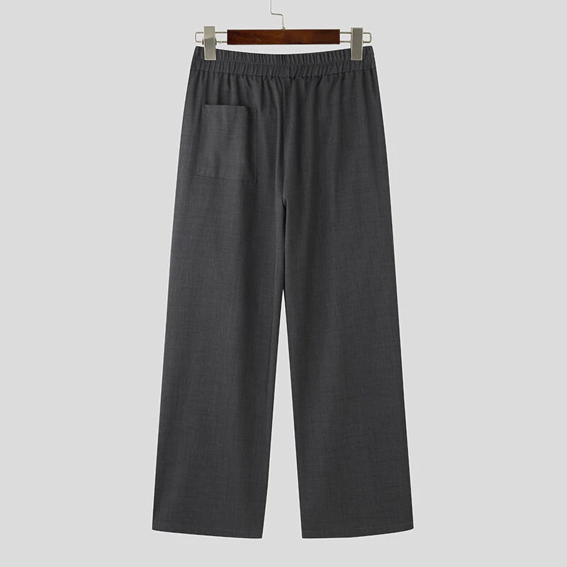 INCERUN Men Solid Color Straight Legged Pants Loose Fit Casual Hook Loop Zipper Long Trousers Large Size for Big Men S-5XL