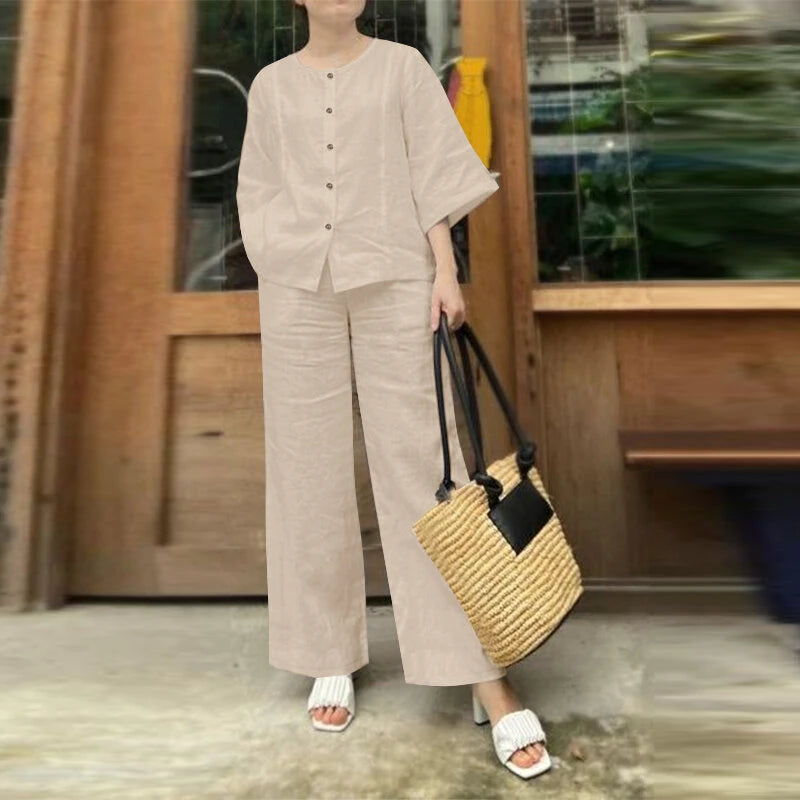 ZANZEA Women Vintage Crew Neck Long Sleeve Tops Elastic Waist Wide-Legged Pants Sets