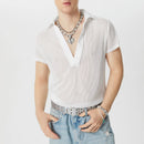 INCERUN Men Fashion Stripe Short Sleeve T-shirt Summer See-through V-neck Tee Solid Color Mens Top