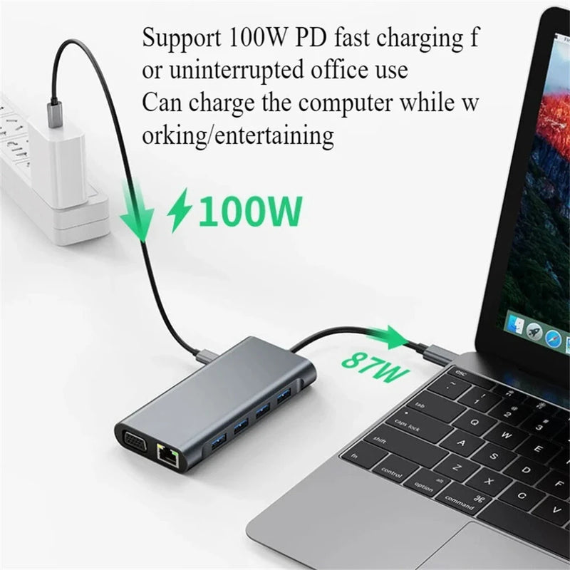 Bakeey USB-C 11 in 1 Docking Station with 4K@30Hz 1080P VGA 100W PD Charging RJ45 100M SD/TF Card Reader 3.5mm Audio USB Hub