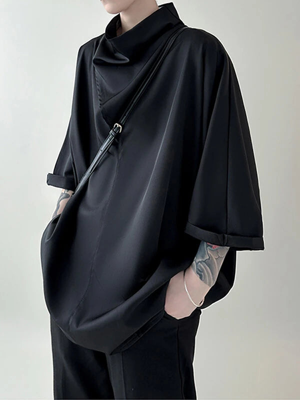 INCERUN Mens Shirt Simple Silky Stacked Collar Shirt Fashion Loose Fit Summer Half Long Sleeve Tops Men