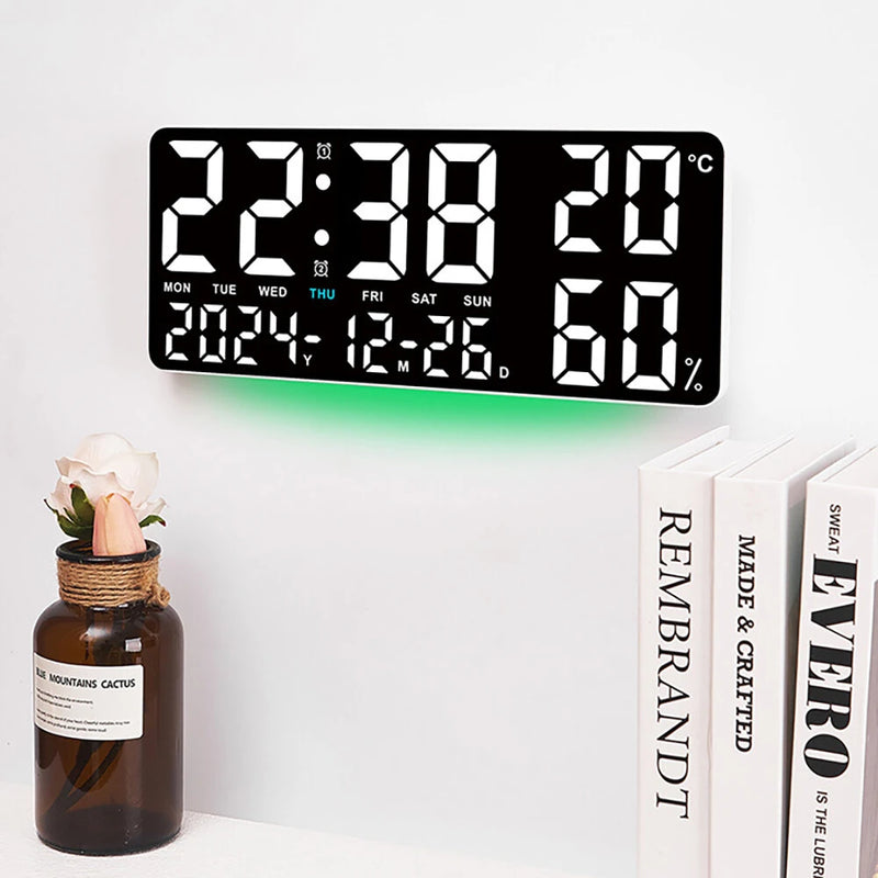 15 Inch Digital Wall Clock with Atmosphere Lights Remote Control Temp Humidity Display LED Table Clock Multifunctional Alarm Clock