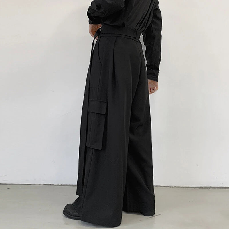 INCERUN Men Casual Black Pants Loose Joggers Solid Color Loose Wide Leg Overalls Trousers with Side Pocket Streetwear Casual Pantalones