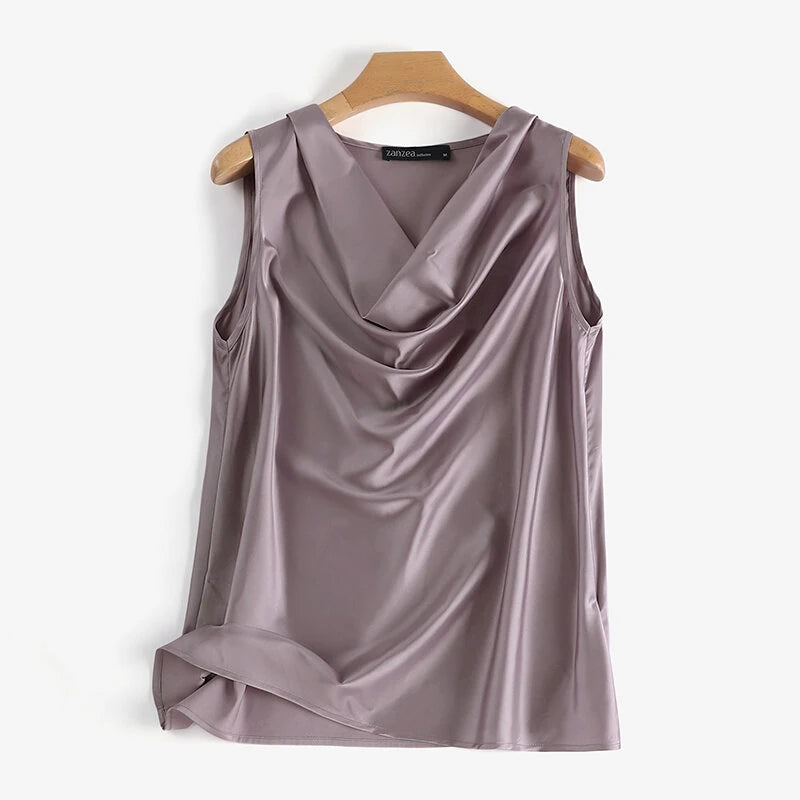 ZANZEA Women's Blouses Elegant Cowl Neck Tanks Tops Office Work Sleeveless Satin Camisoles