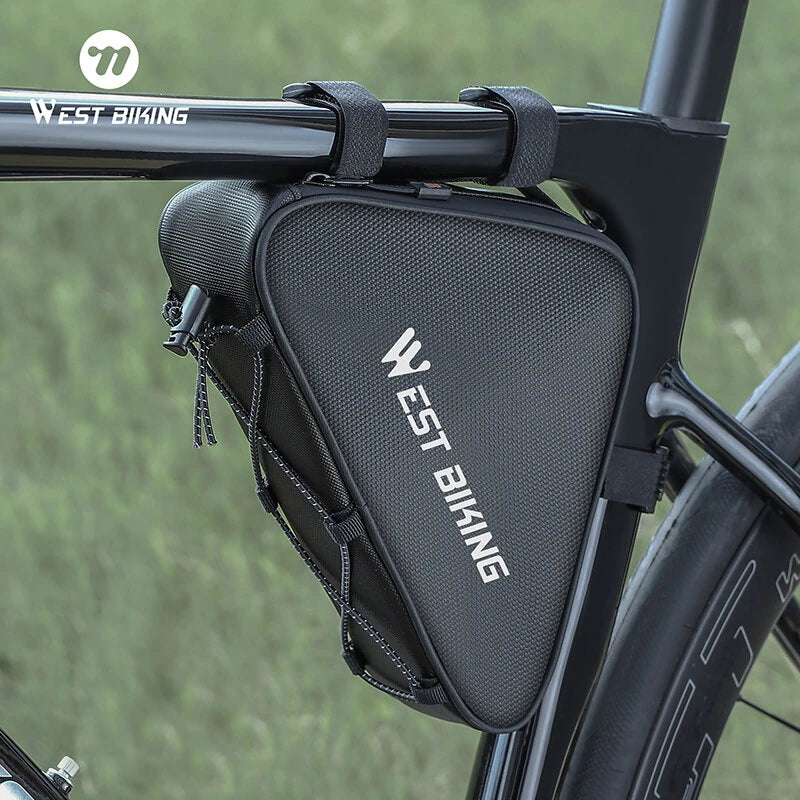 WEST BIKING 0.6L Bicycle Front Frame Triangle Bag With Mesh Pouch MTB Road Bike Waterproof Bottom Tube Bag Elastic Luggage Straps For Storage