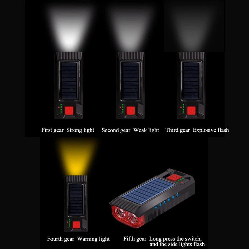 Solar Rechargeable Bike Headlight LED Super Brightness 4000mAh Battery Waterproof 4 Light Modes Warning Flashlight with 120dB Horn for Night Cycling