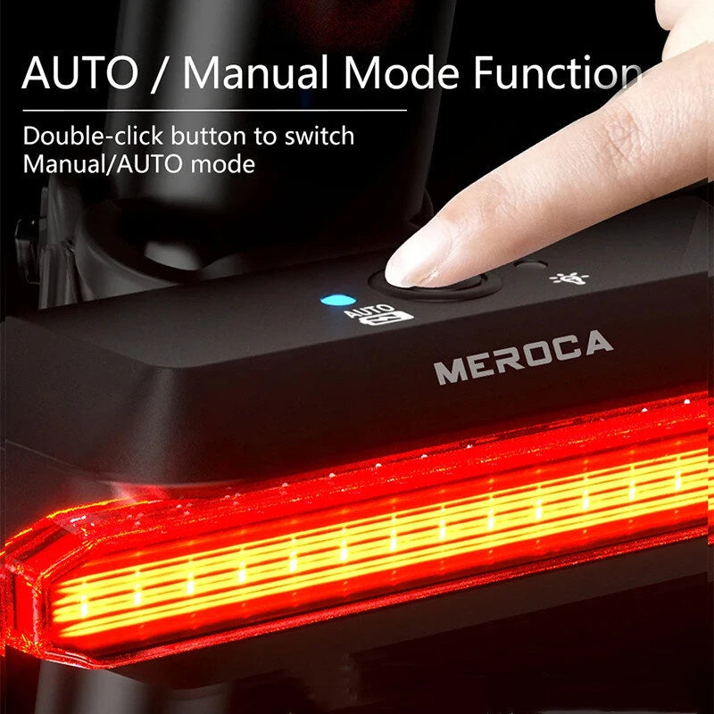 MEROCA Super V Smart Brake Sensing Bike Taillight 500mAh Battery 6 Lighting Modes IPX5 Waterproof Type-C Rechargeable Bicycle Rear Light