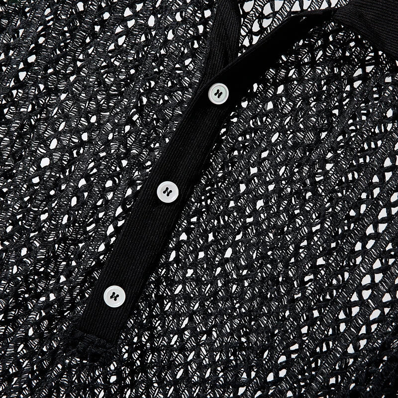 INCERUN Mens Shirts Solid Color Hollow Out Lapel Top Shirts Summer Cool Party Top Fashion Male Clothing