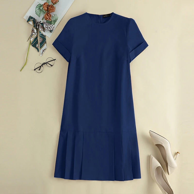 ZANZEA Women Plus Size Solid Ruffle Hem Pocket Short Sleeve Crew Neck Casual Dress