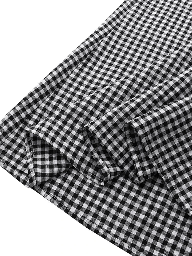 Women Casual Plaid Half Button Front Long Sleeve Maxi Dresses