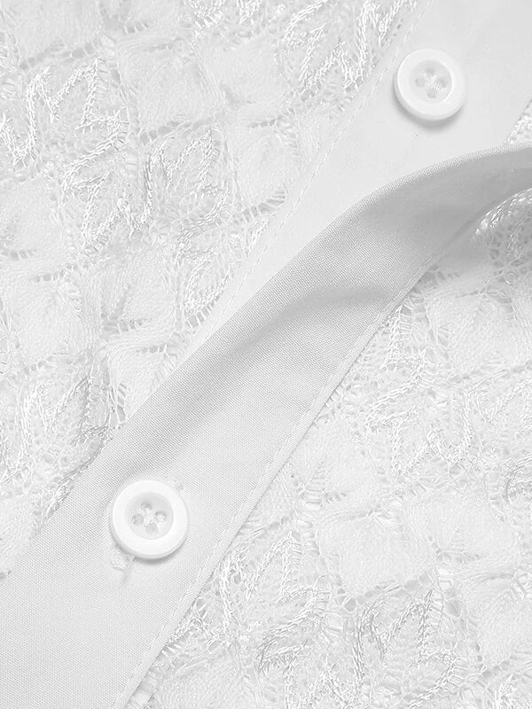 Men Lace Floral See Through Short Sleeve Lapel Collar Shirt