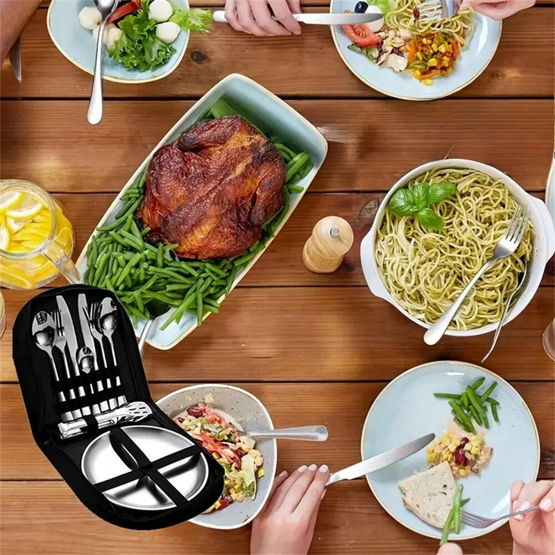 IPRee 11pcs Stainless Steel Flatware Set for Camping, Hiking & Outdoor Dining - Polished Finish Portable Cutlery Kit with Plates, Spoons, Forks, Travel Utensil Set for Picnics & Backpacking