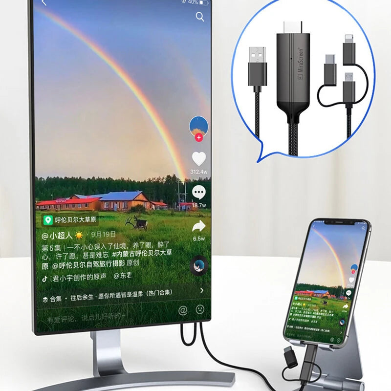 MiraScreen 3-in-1 USB to HDTV Cable 1080P HD Video Conversion Cable Same Screen Cable TV Computer 2 Meters Screen Projection Cable