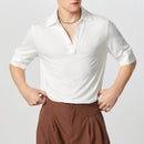 INCERUN Mens Solid Textured Casual Short Sleeve Shirt Fashion V-neck Lapel Top for Male