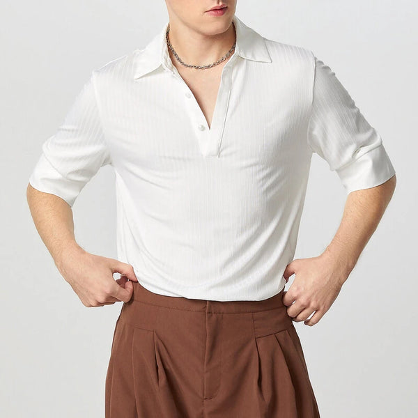 INCERUN Mens Solid Textured Casual Short Sleeve Shirt Fashion V-neck Lapel Top for Male