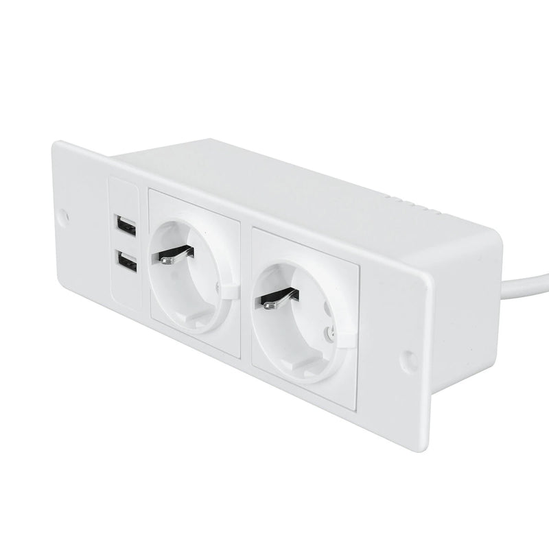 2Pcs Table Socket with 2 USB 2 Sockets Built-in Socket 2-Way Installation Power Strip with 2 Screws for Kitchen Furniture or Worktops Recessed Socket 1.8 Cable16 A/3500 W