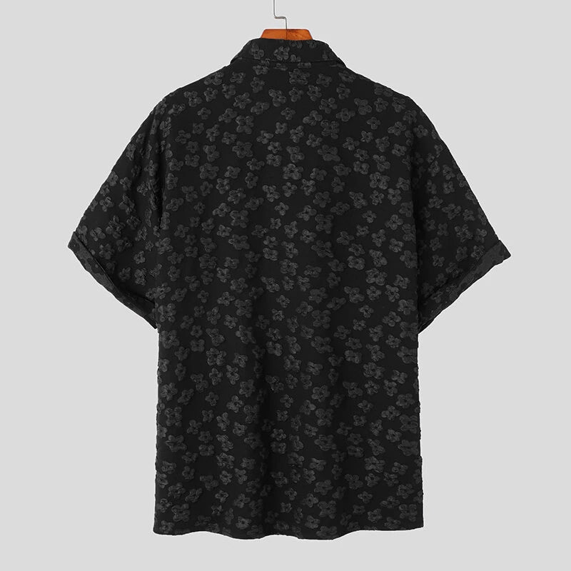 INCERUN Mens Shirt Fashion Embossed Floral Print Tops Black Short Sleeve Shirt