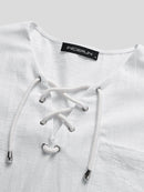 Mens Solid Drawstring V-Neck Cotton Short Sleeve T-Shirt