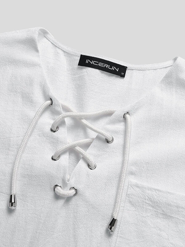 Mens Solid Drawstring V-Neck Cotton Short Sleeve T-Shirt