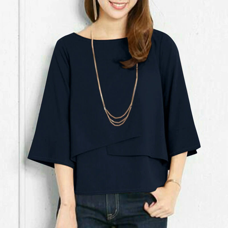 ZANZEA Elegant Style Women's Blouse Round Neck Half Sleeve Double Layer Casual Shirt Fashion Pullover Top