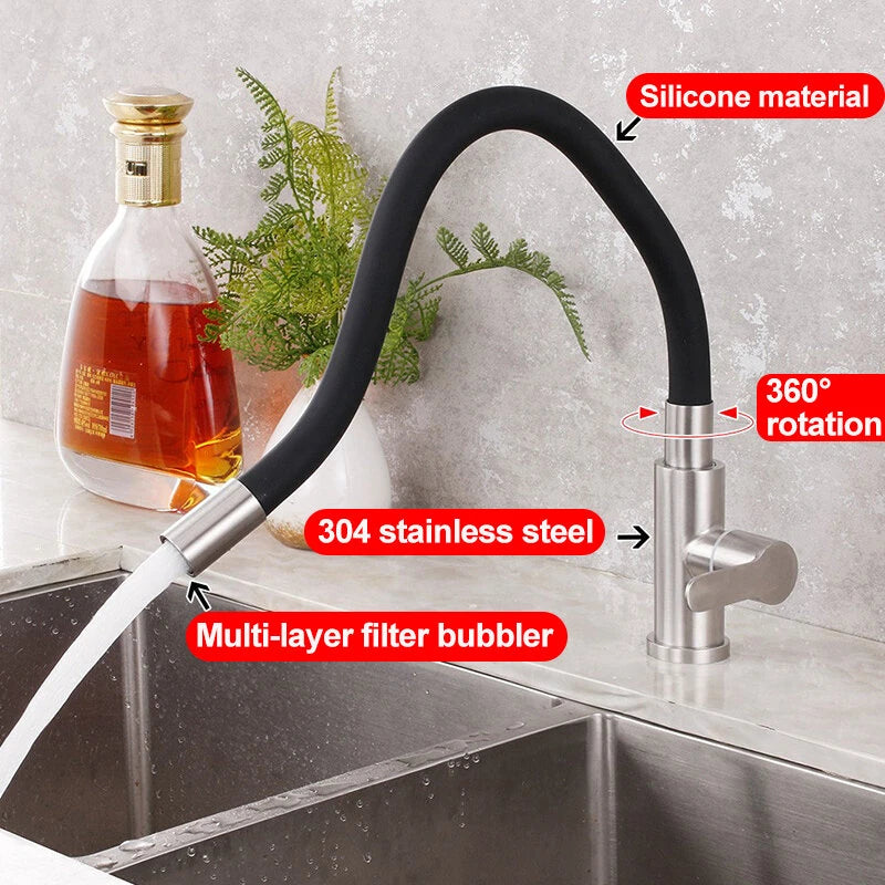 360 Rotatable 304 Stainless Steel Kitchen Silicone Tube Faucet Hot And Cold Brushed Universal Rotatable Vegetable Sink Faucet